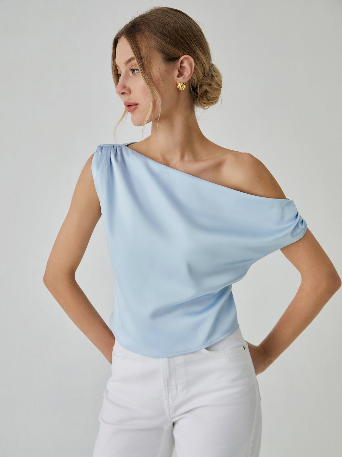 Commense Minimalist Satin One Shoulder Off Knotted Blouse Light Blue Nwt Large